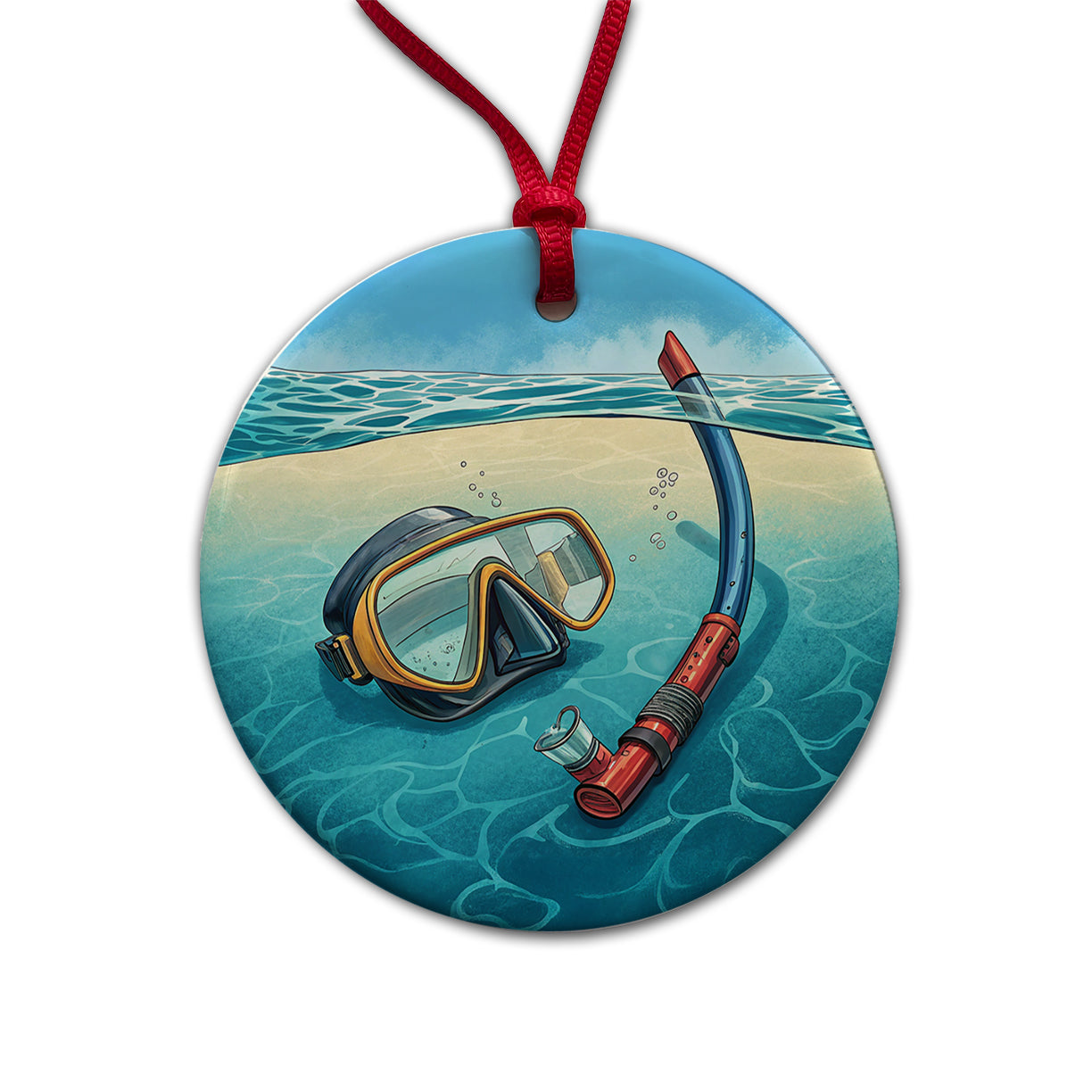 Snorkel And Mask on Beach Round Ceramic Holiday Christmas Tree Ornament
