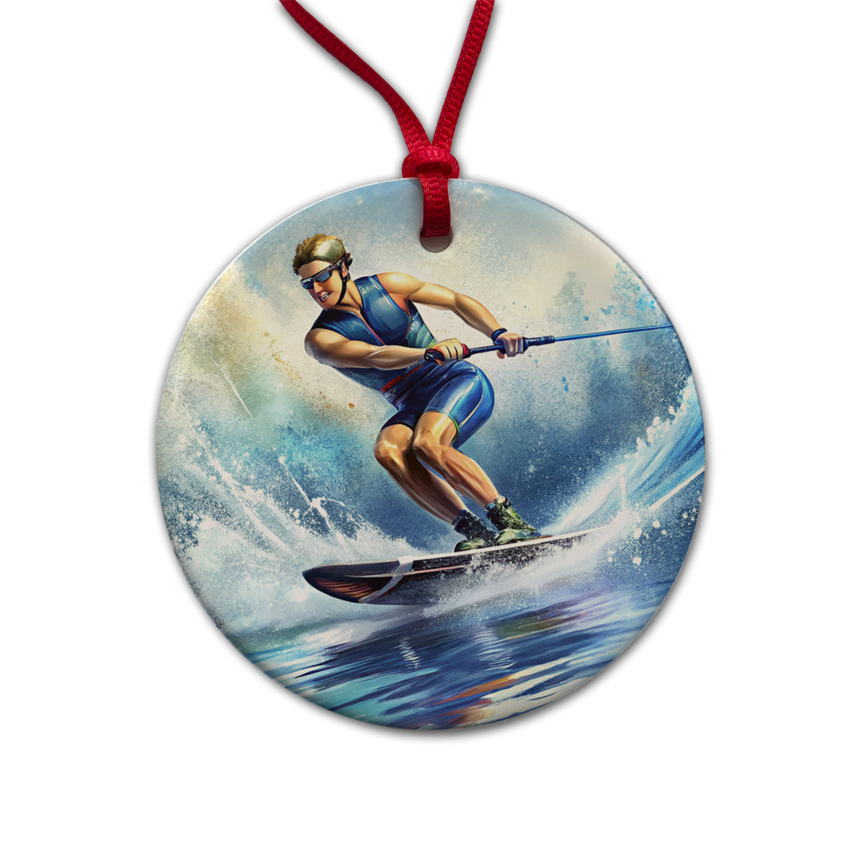 Water Ski Skiing Round Ceramic Holiday Christmas Tree Ornament