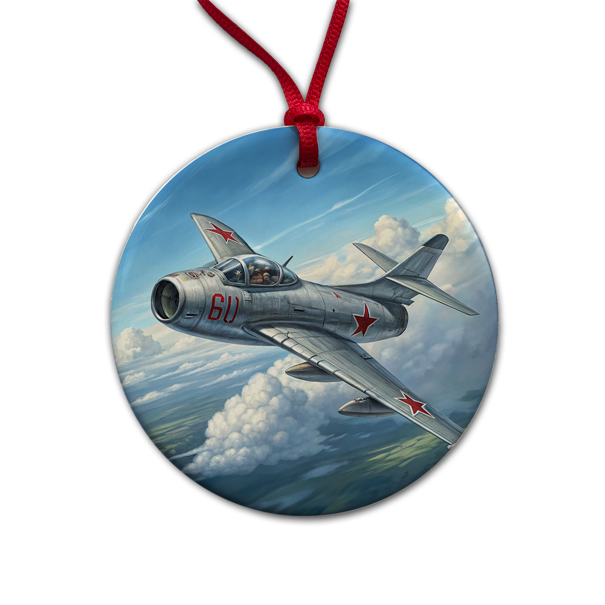 MiG-15 Russian Fighter Jet Plane Round Ceramic Holiday Christmas Tree Ornament