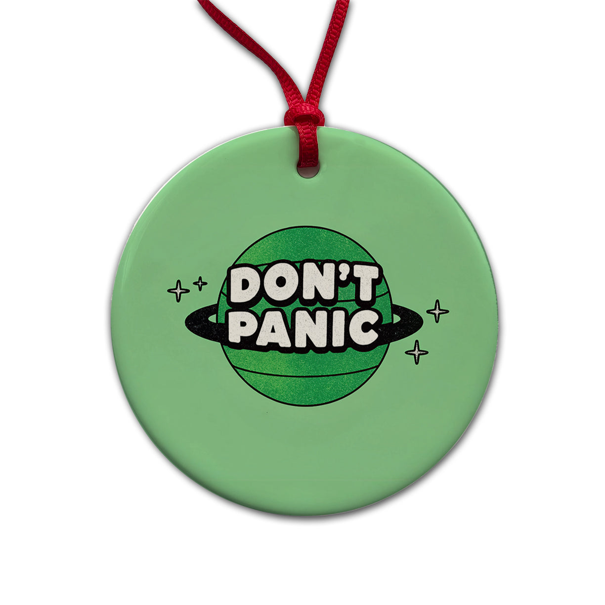 Don't Panic Funny Saying With Planet Round Ceramic Holiday Christmas Tree Ornament