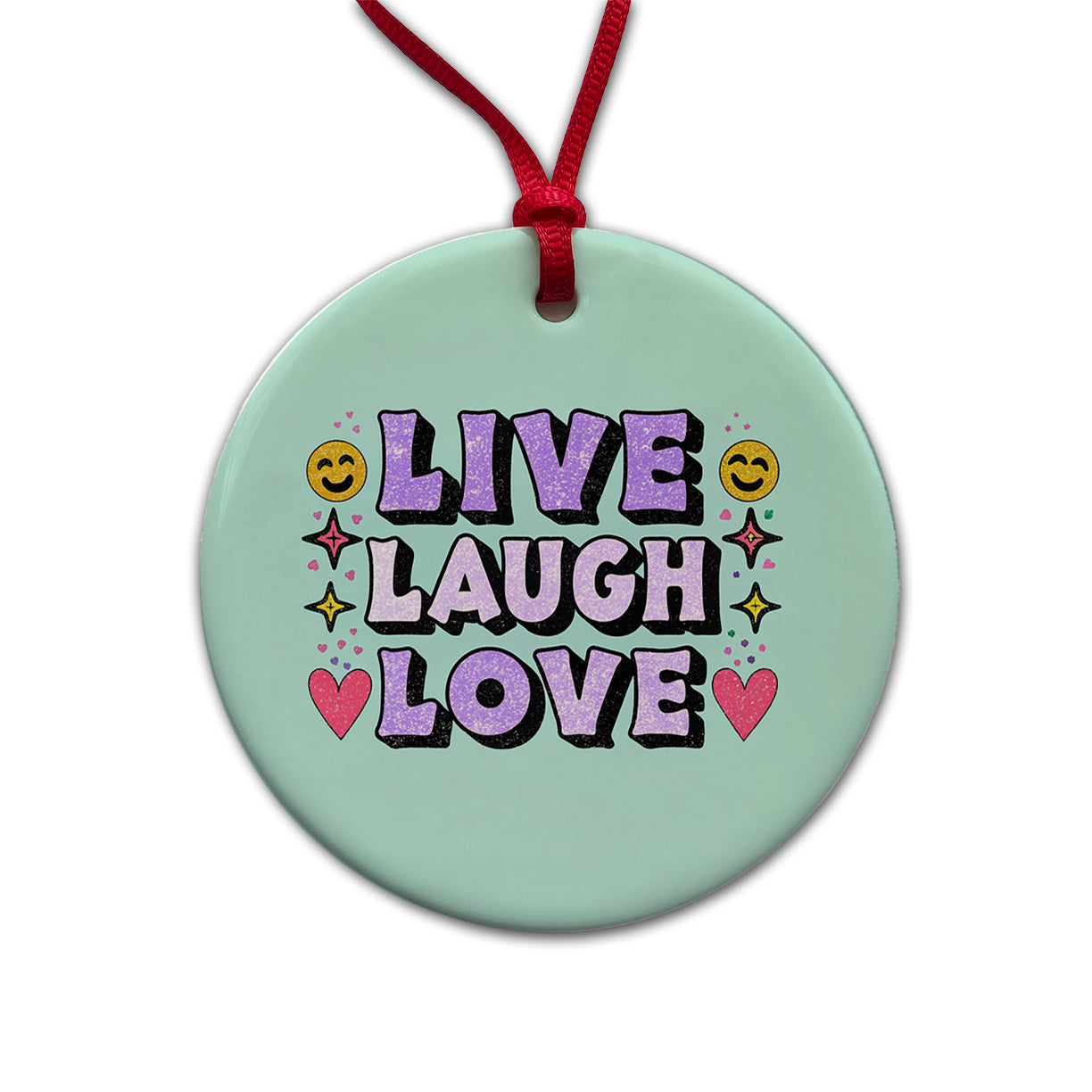 Live Laugh Love Funny Faces Hearts Round Ceramic Holiday Christmas Tree Ornament