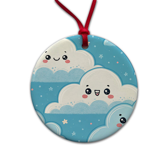 Adorable Puffy Clouds Kawaii Style Round Ceramic Holiday Christmas Tree Ornament