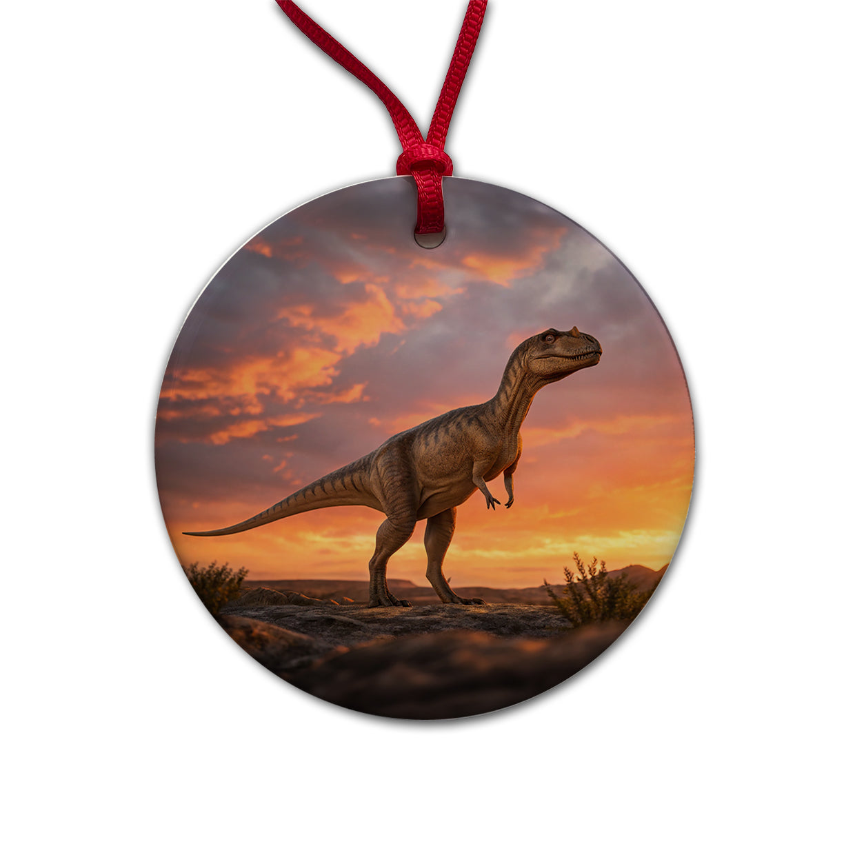 Allosaurus Standing Sunset Dinosaur Round Ceramic Holiday Christmas Tree Ornament