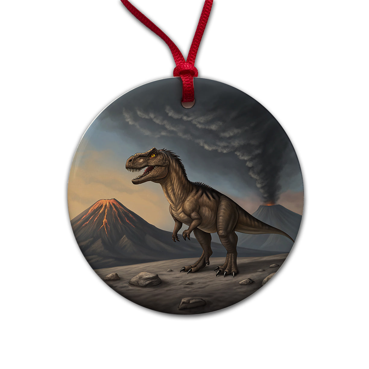 Allosaurus Two Volcanos Dinosaur Round Ceramic Holiday Christmas Tree Ornament