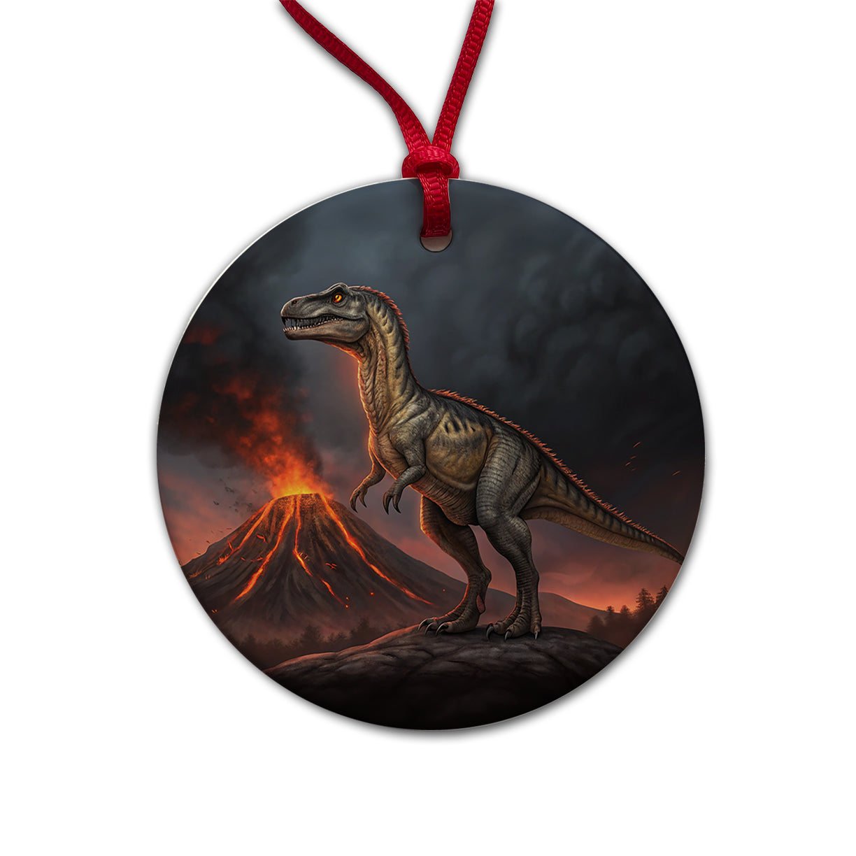 Allosaurus Volcano Dinosaur Round Ceramic Holiday Christmas Tree Ornament