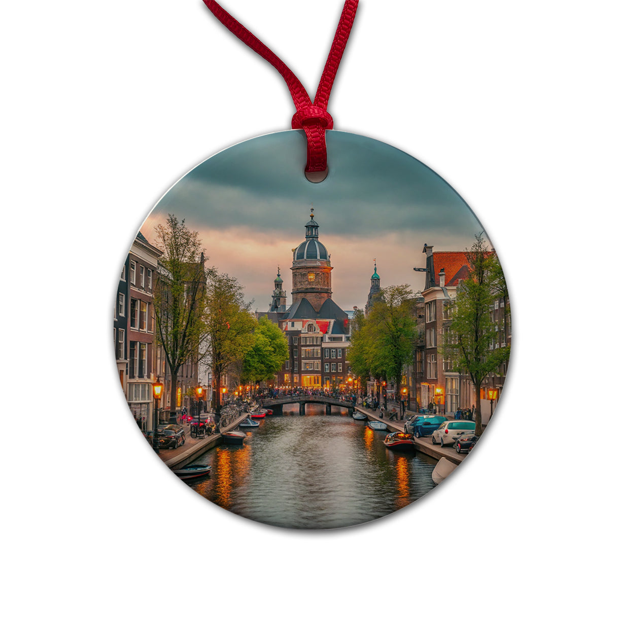Amsterdam Netherlands Twilight Canals Round Ceramic Holiday Christmas Tree Ornament