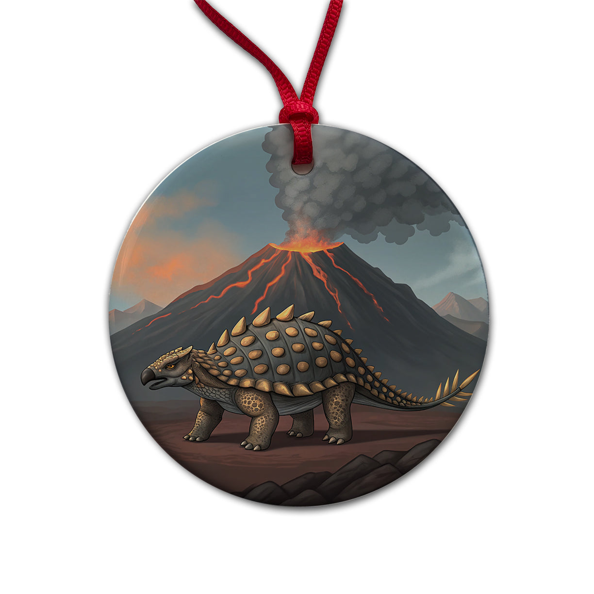 Ankylosaurus Volcano Erupting Dinosaur Round Ceramic Holiday Christmas Tree Ornament