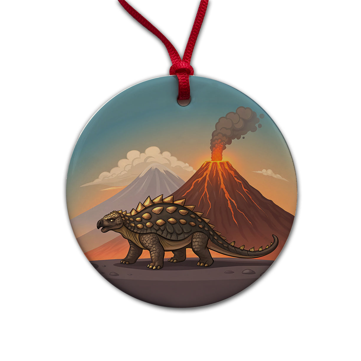 Ankylosaurus Volcanos Dinosaur Round Ceramic Holiday Christmas Tree Ornament