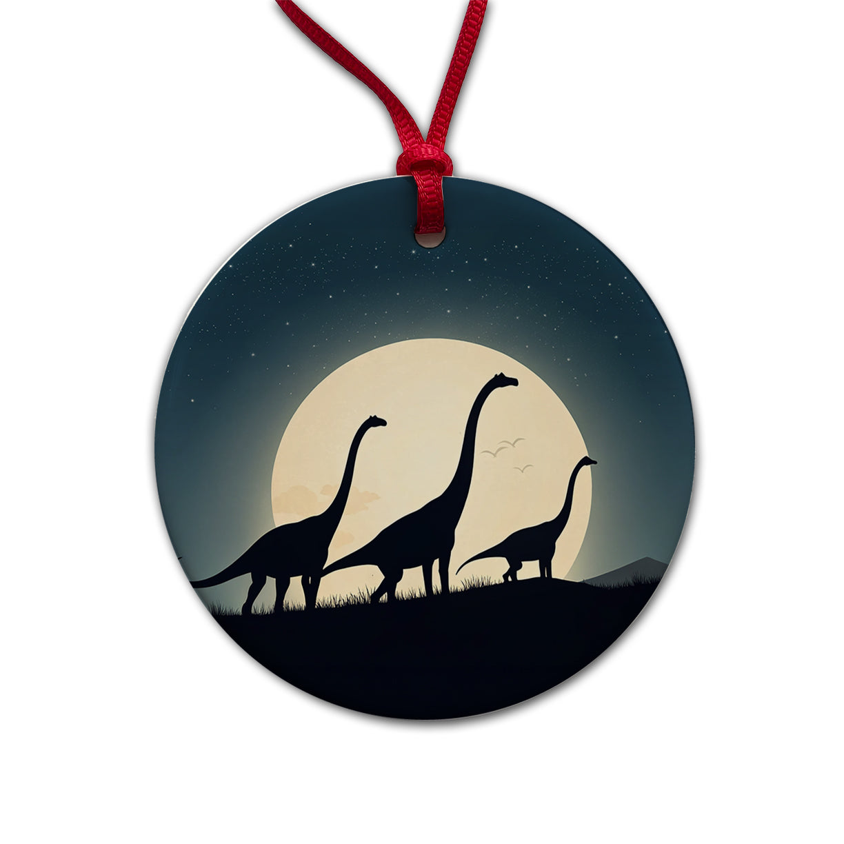 Apatosaurus Silhouettes Moon Night Dinosaurs Round Ceramic Holiday Christmas Tree Ornament