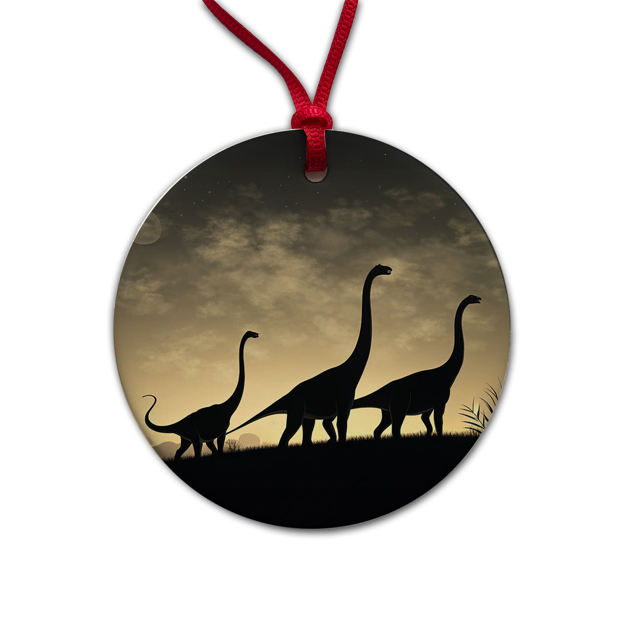 Apatosaurus Silhouettes Walking Dinosaurs Round Ceramic Holiday Christmas Tree Ornament