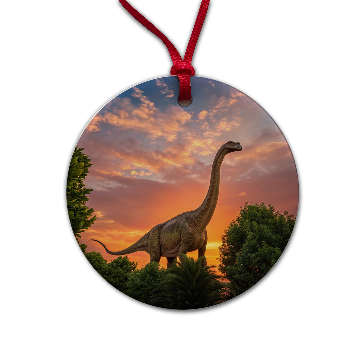Apatosaurus Sunset Dinosaur Round Ceramic Holiday Christmas Tree Ornament