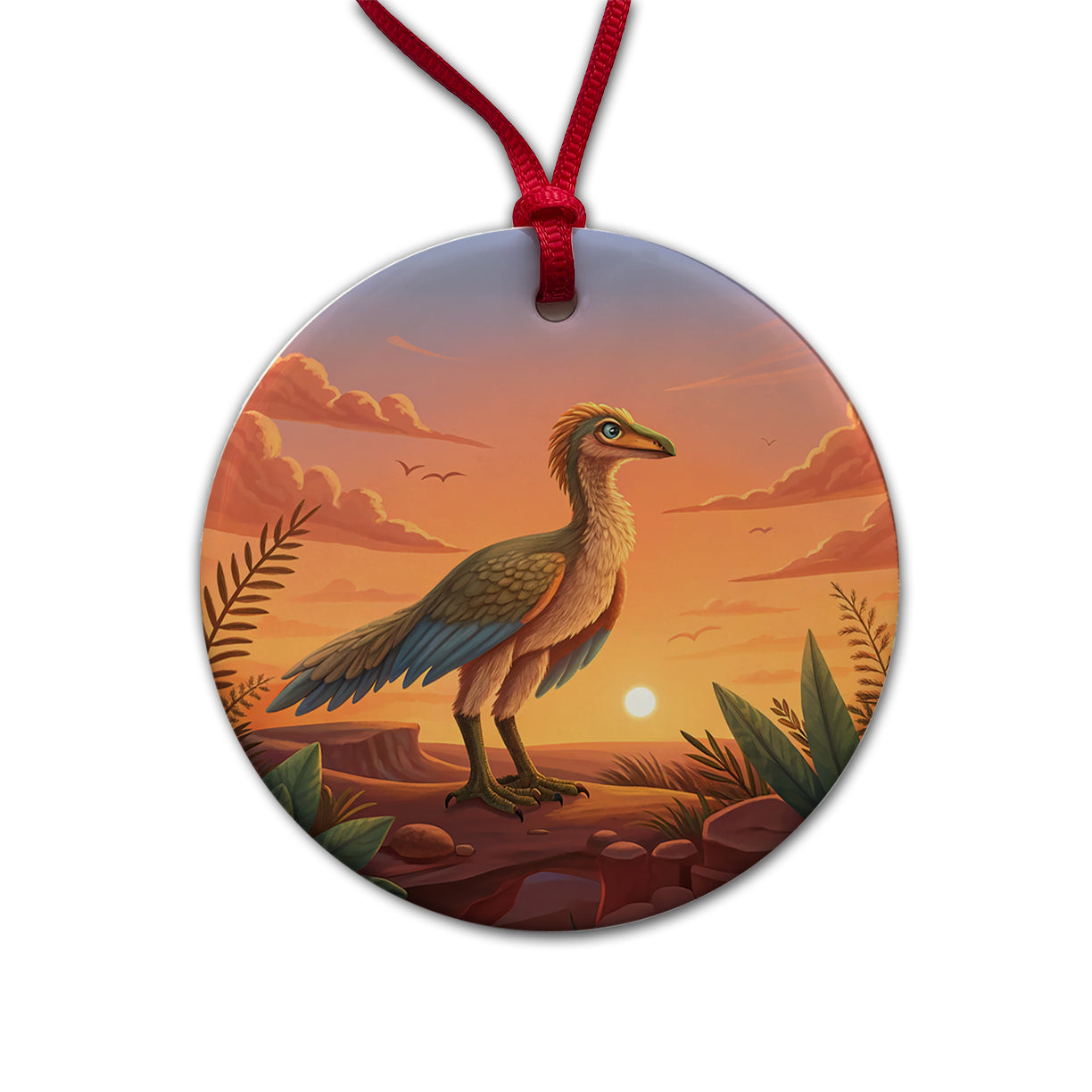 Archaeopteryx Standing Sunset Dinosaur Round Ceramic Holiday Christmas Tree Ornament