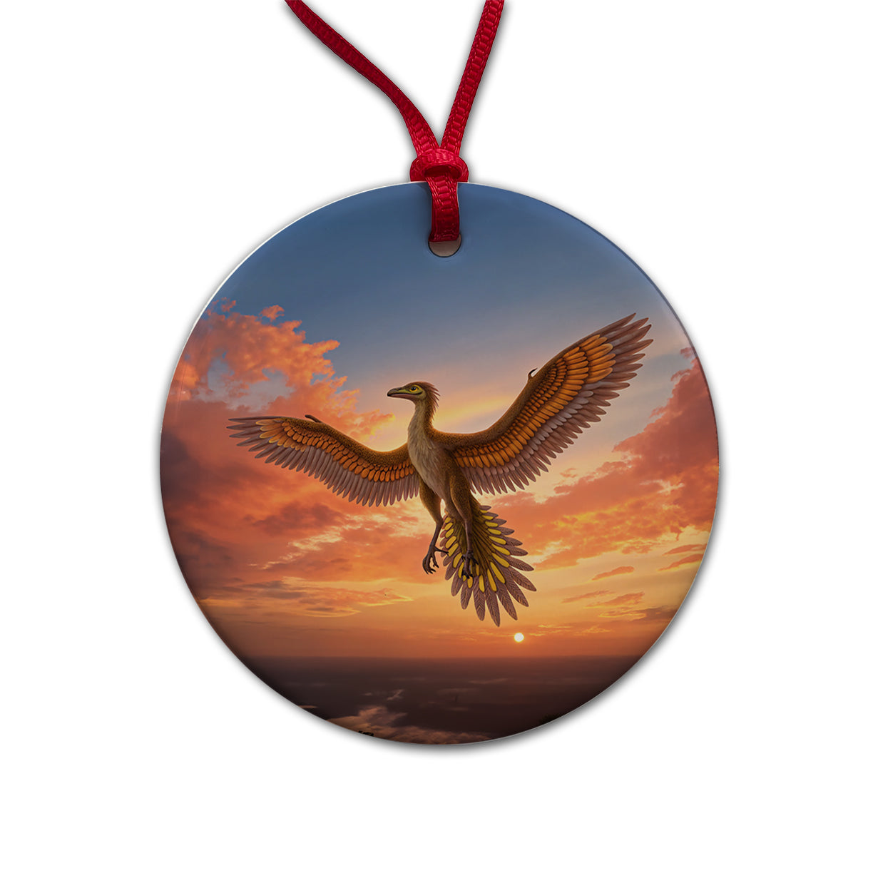 Archaeopteryx Sunset Dinosaur Round Ceramic Holiday Christmas Tree Ornament