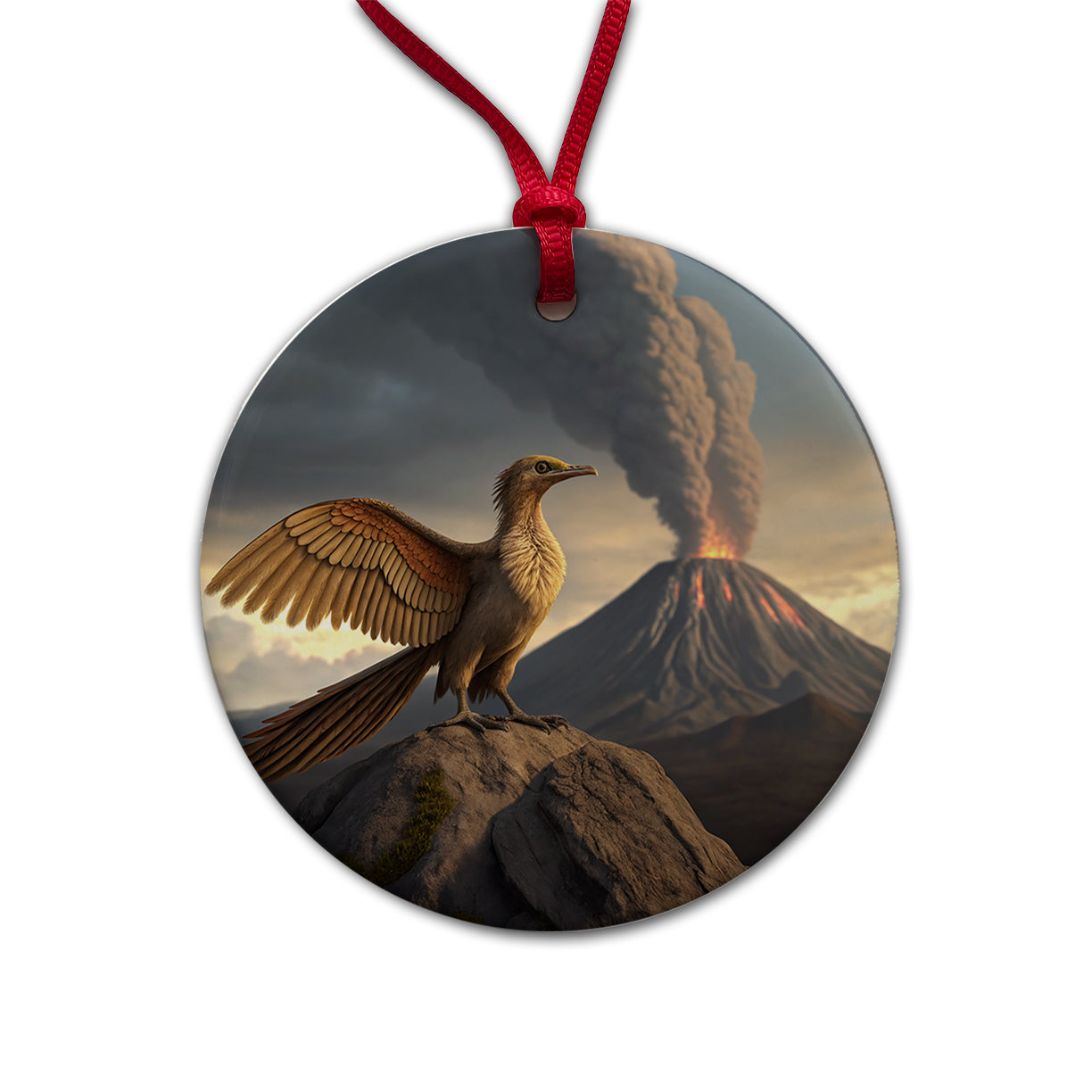 Archaeopteryx Volcano Erupting Dinosaur Round Ceramic Holiday Christmas Tree Ornament