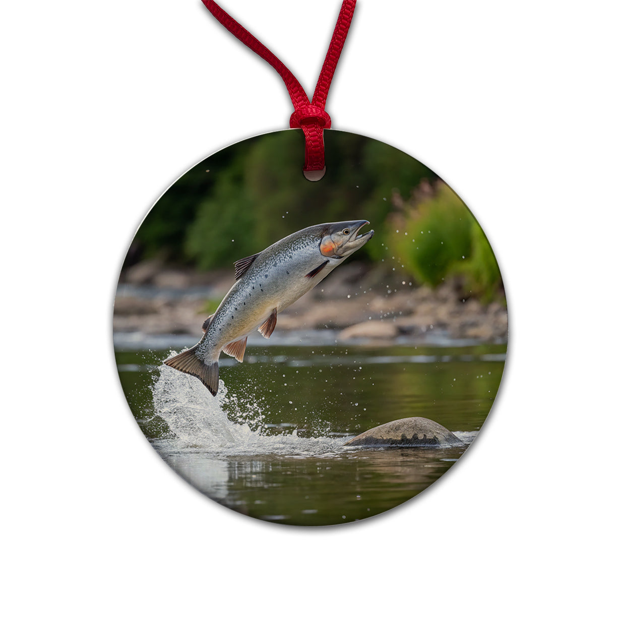 Atlantic Salmon Fish Jumping Fishing River Round Ceramic Holiday Christmas Tree Ornament