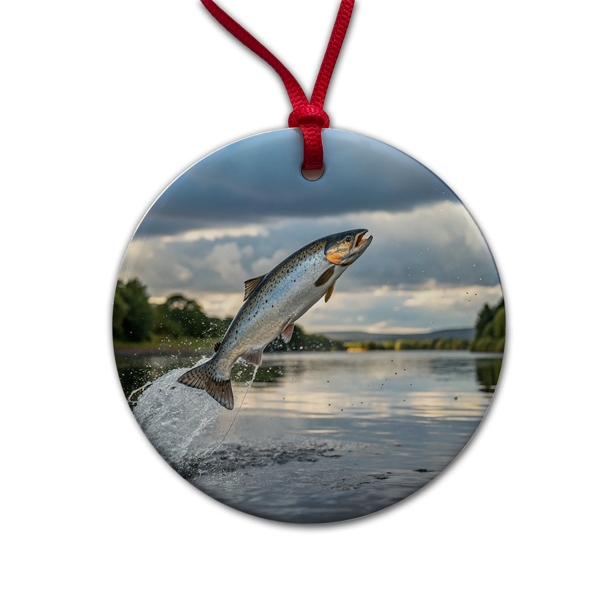 Atlantic Salmon Fish Jumping Fishing Round Ceramic Holiday Christmas Tree Ornament