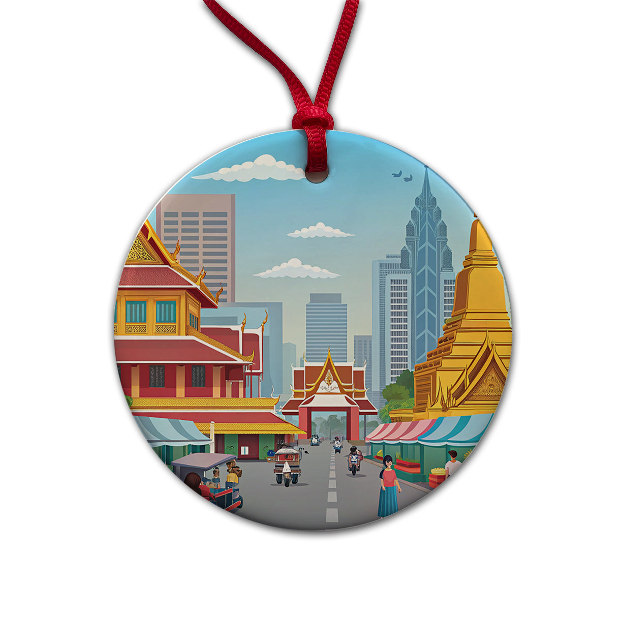 Bangkok Thailand Drawing Round Ceramic Holiday Christmas Tree Ornament