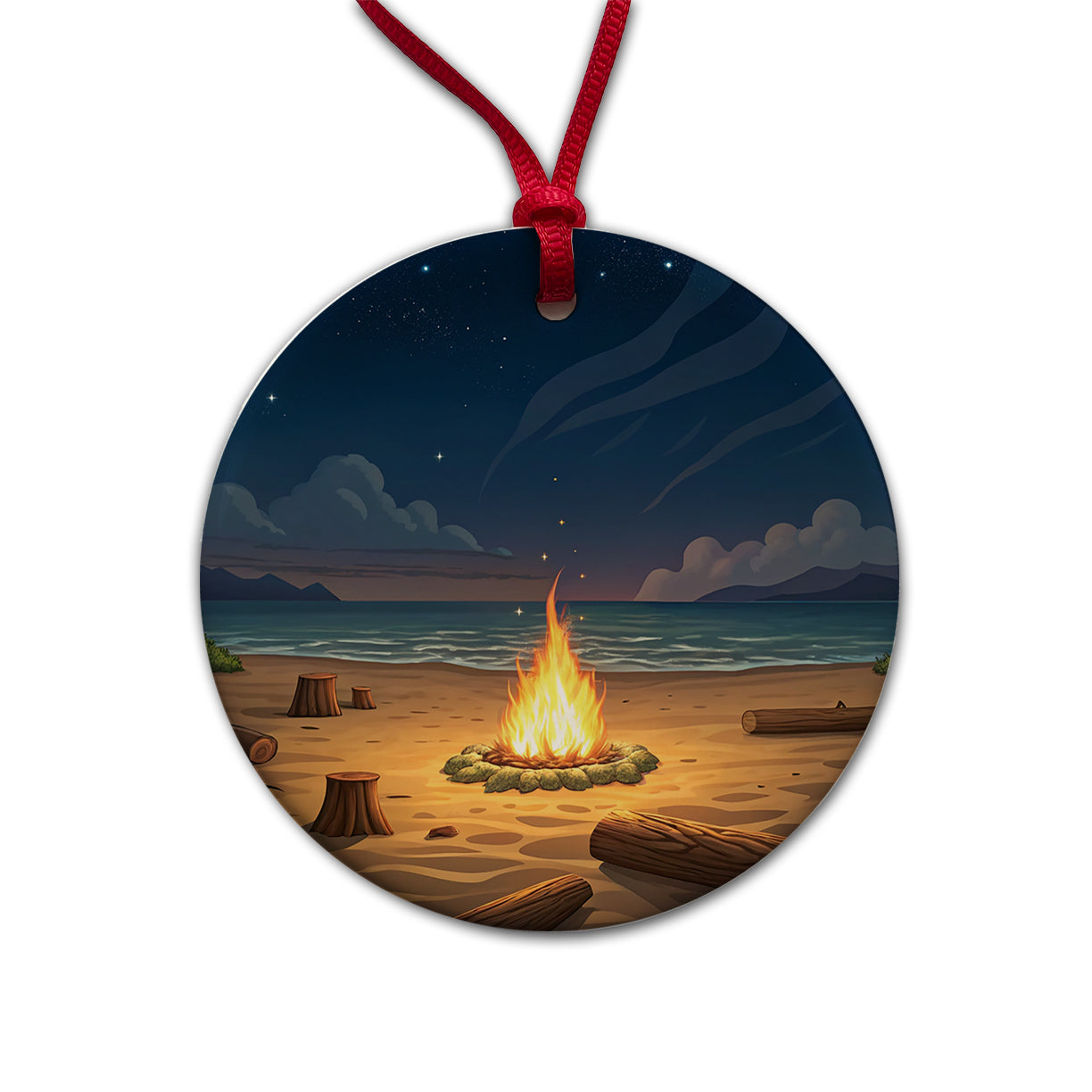 Beach Bonfire Drawing Round Ceramic Holiday Christmas Tree Ornament