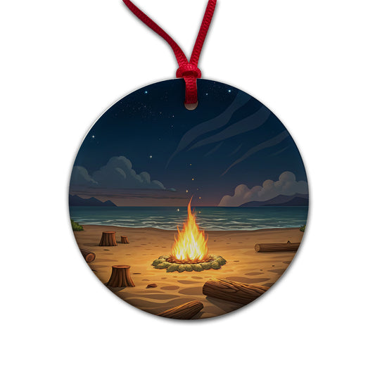 Beach Bonfire Drawing Round Ceramic Holiday Christmas Tree Ornament