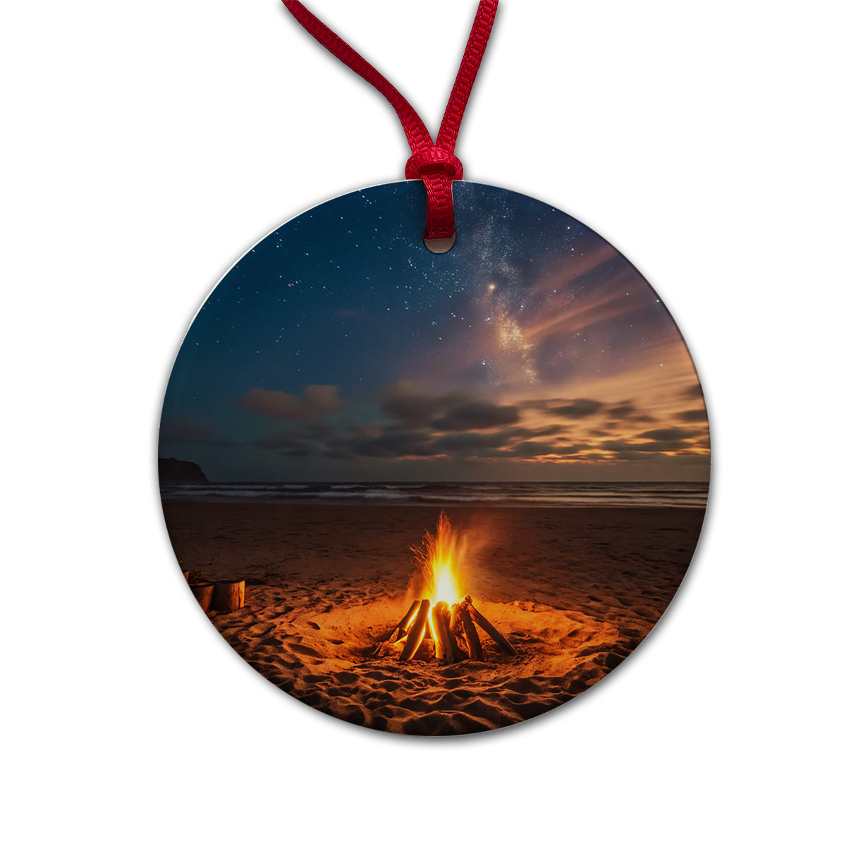 Beach Bonfire Scene Night Round Ceramic Holiday Christmas Tree Ornament