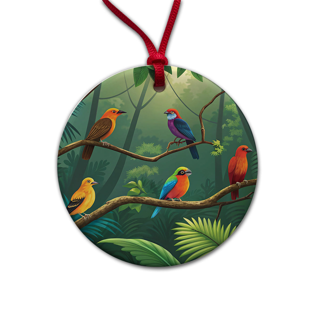 Birds In Jungle Colorful Round Ceramic Holiday Christmas Tree Ornament