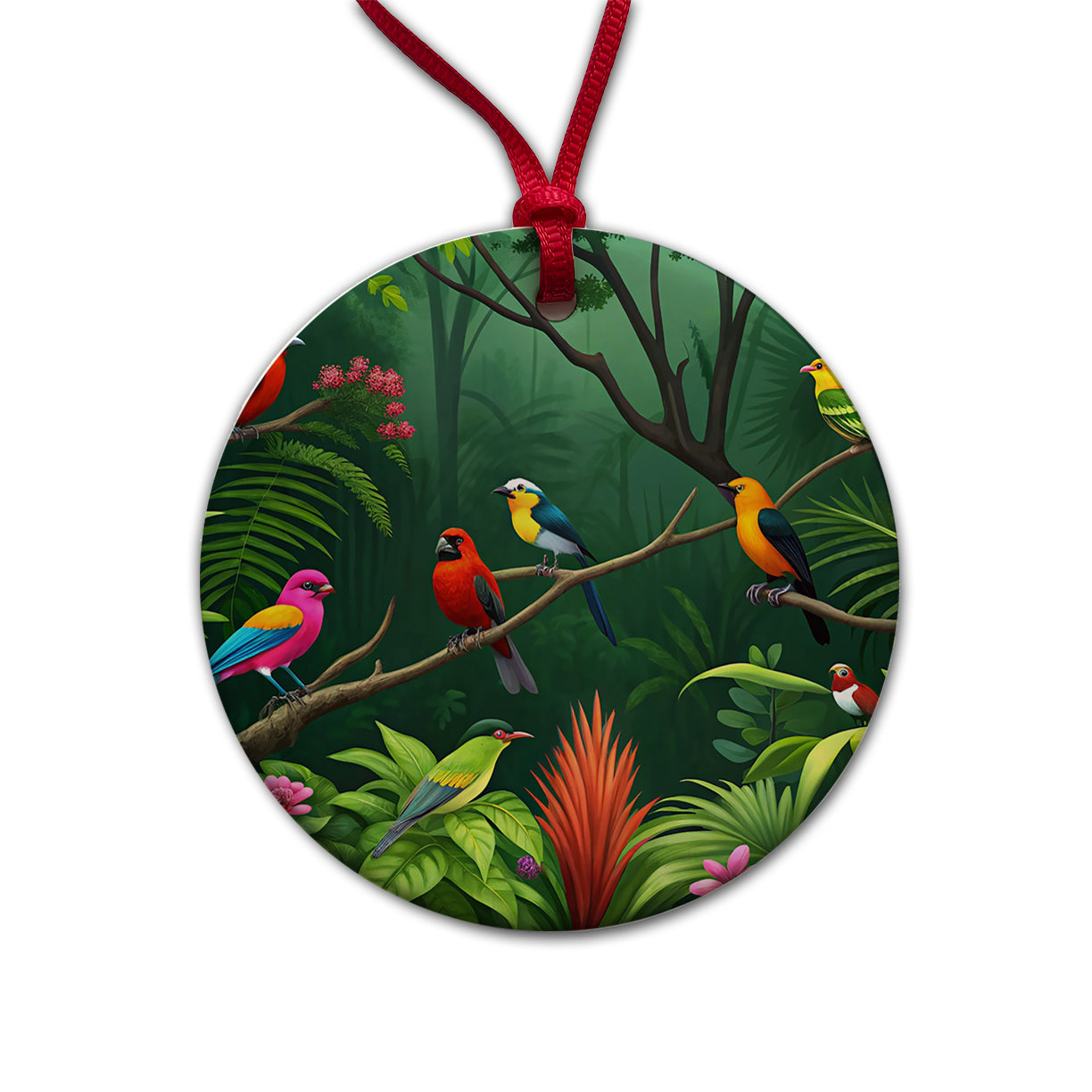 Birds In Jungle Trees Ferns Round Ceramic Holiday Christmas Tree Ornament
