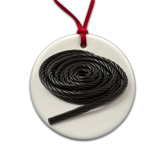 Black Licorice Rope Round Ceramic Holiday Christmas Tree Ornament