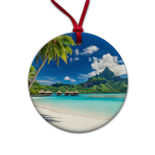 Bora Bora French Polynesia Bungalows Ocean Round Ceramic Holiday Christmas Tree Ornament