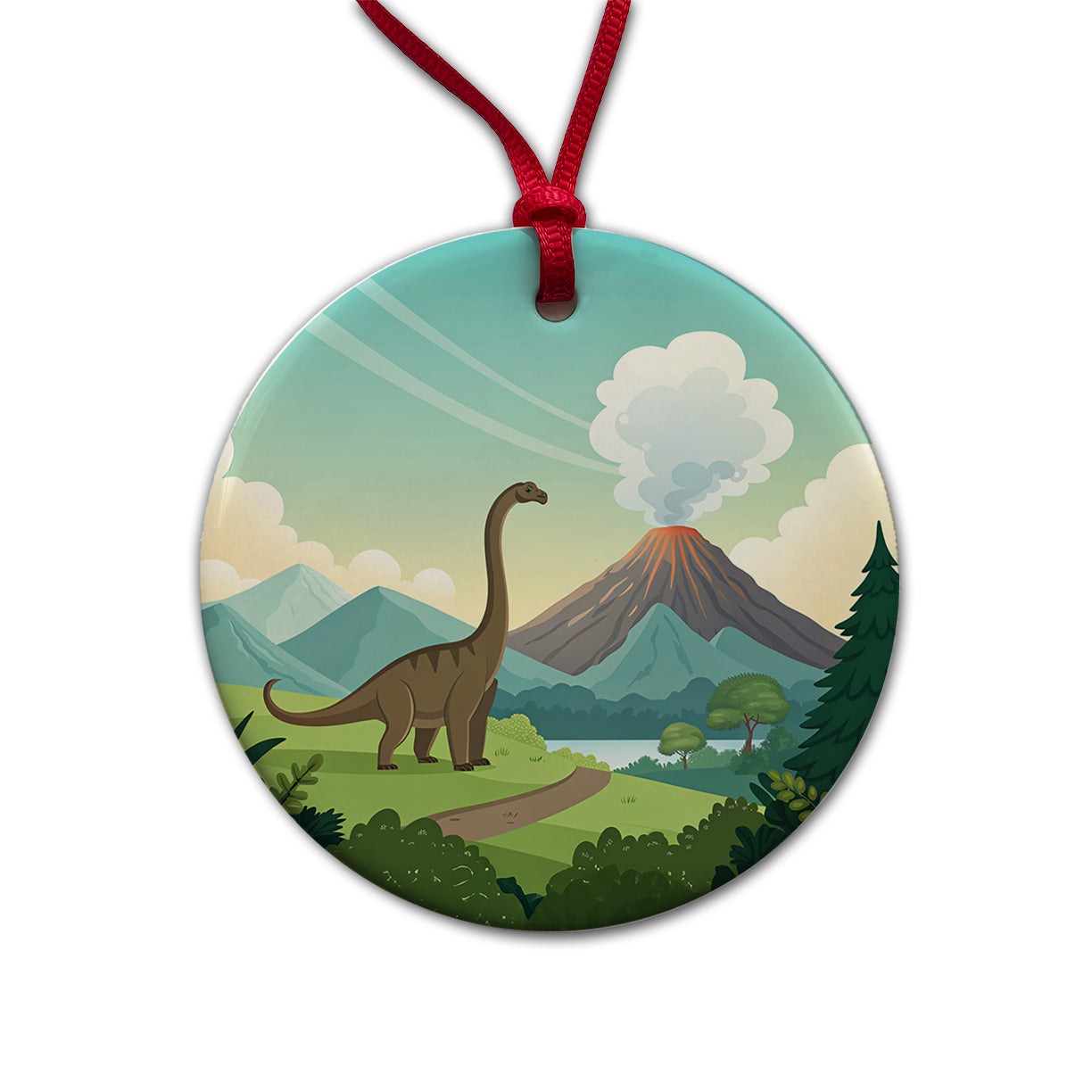 Brachiosaurus Volcano Erupting Dinosaur Round Ceramic Holiday Christmas Tree Ornament