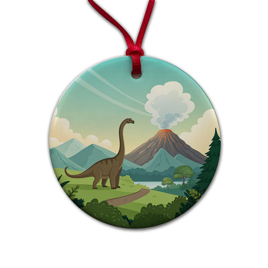 Brachiosaurus Volcano Erupting Dinosaur Round Ceramic Holiday Christmas Tree Ornament