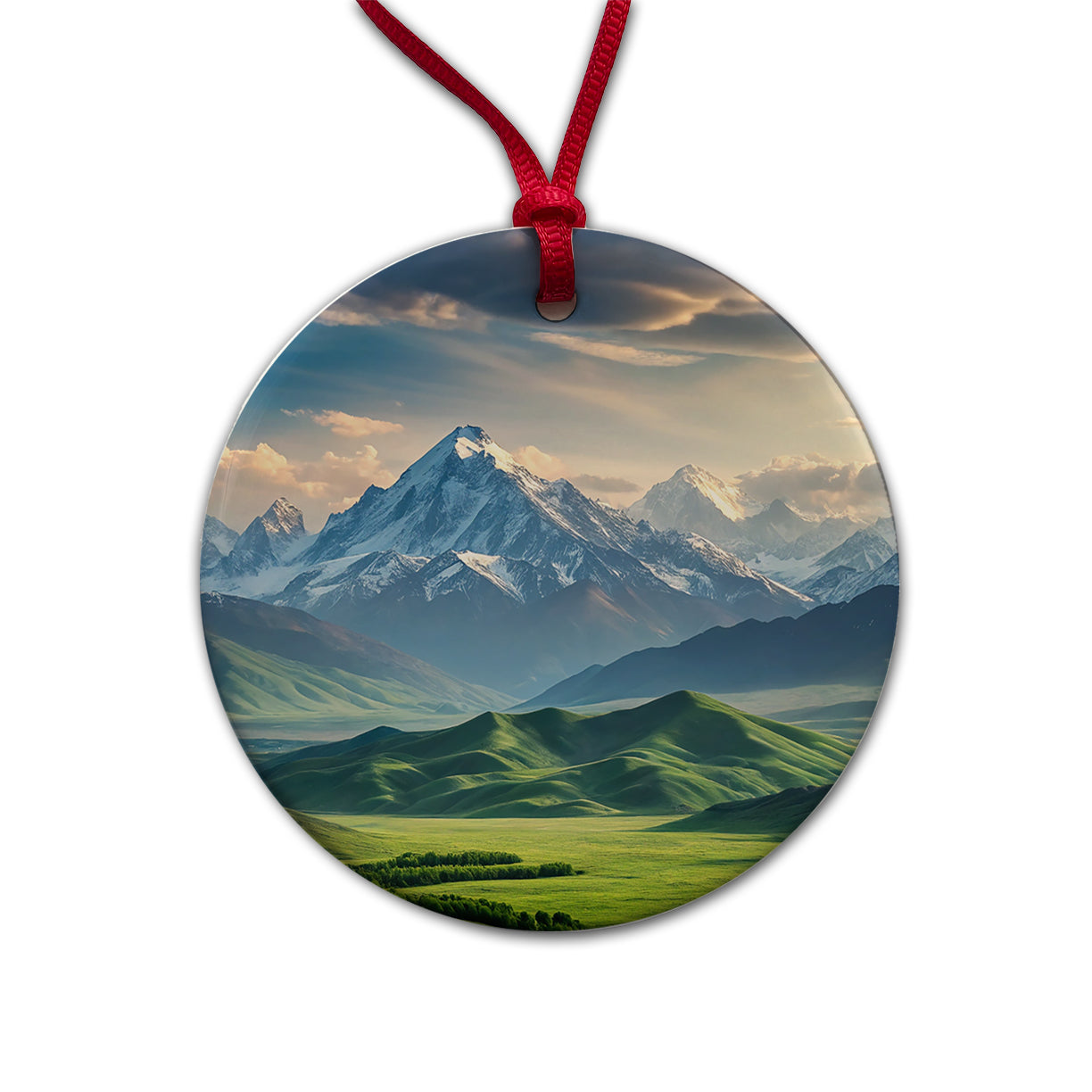 Breathtaking Mountain Views Snow Meadow Round Ceramic Holiday Christmas Tree Ornament