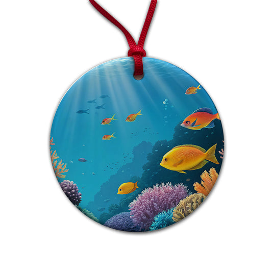 Bright Colorful Fish Coral Light Rays Tropical Ocean Round Ceramic Holiday Christmas Tree Ornament