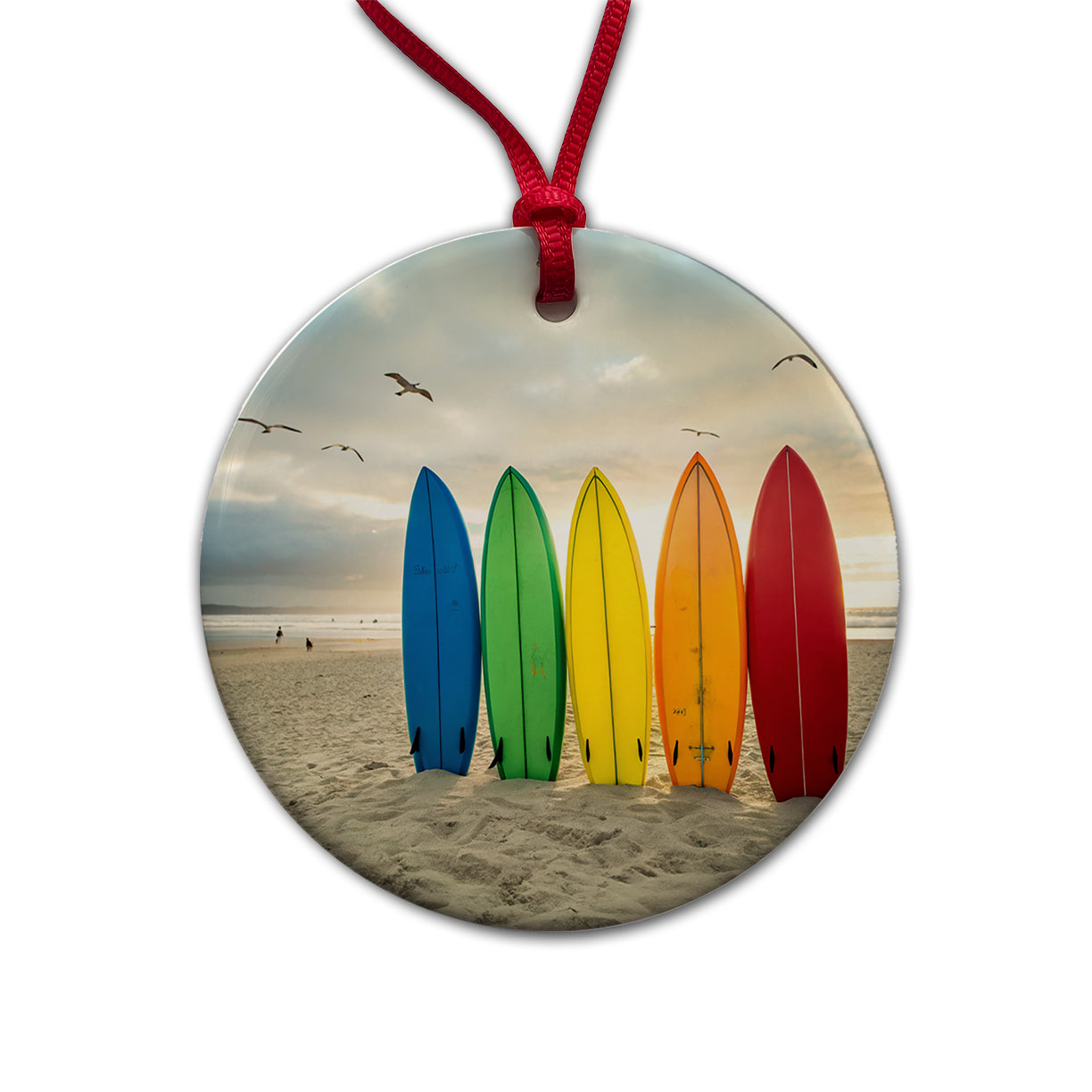 Brightly Colored Surfboards In The Sand Beach Ocean Round Ceramic Holiday Christmas Tree Ornament