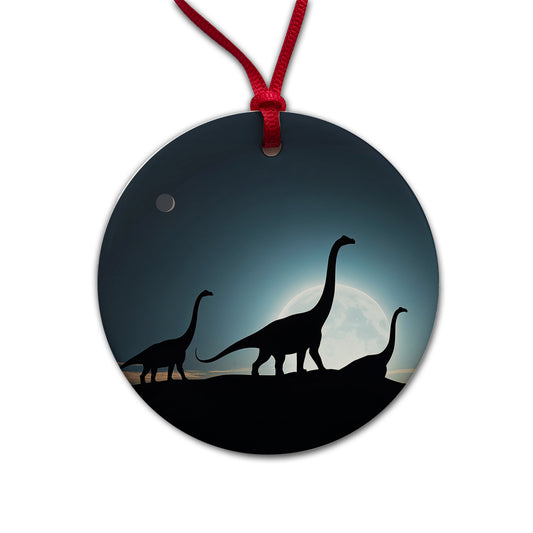 Brontosaurus Silhouettes Dinosaurs Night Sky Round Ceramic Holiday Christmas Tree Ornament