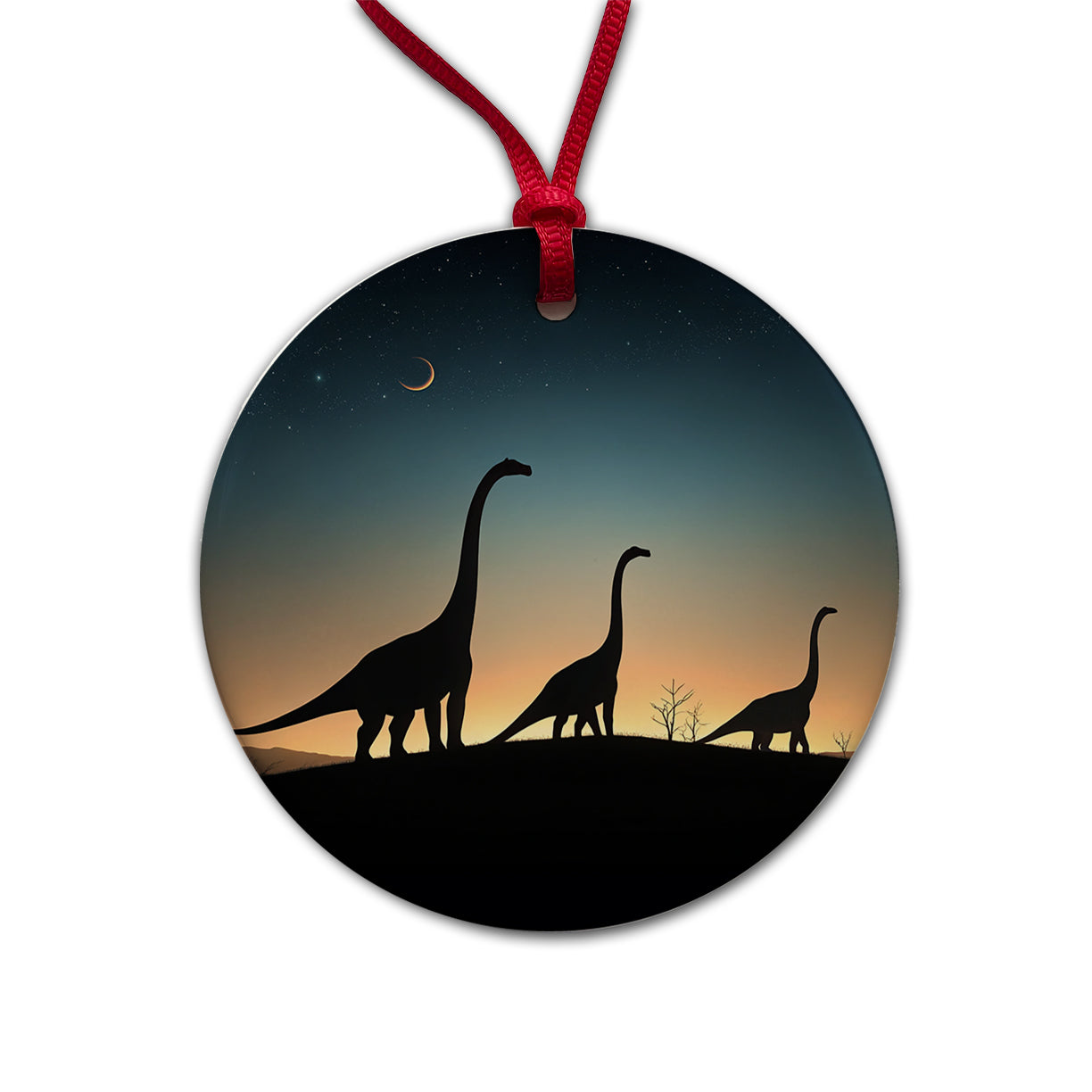 Brontosaurus Silhouettes Night Dinosaurs Round Ceramic Holiday Christmas Tree Ornament