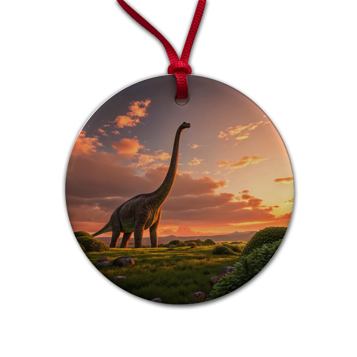 Brontosaurus Sunset Night Dinosaur Round Ceramic Holiday Christmas Tree Ornament
