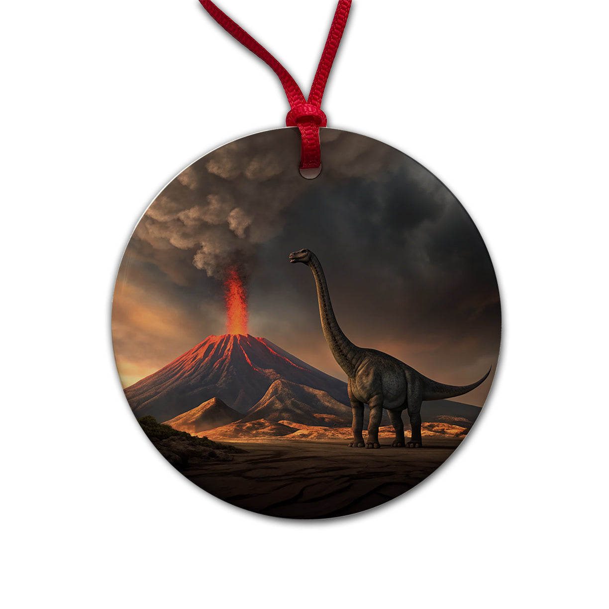 Brontosaurus Volcano Dinosaur Round Ceramic Holiday Christmas Tree Ornament