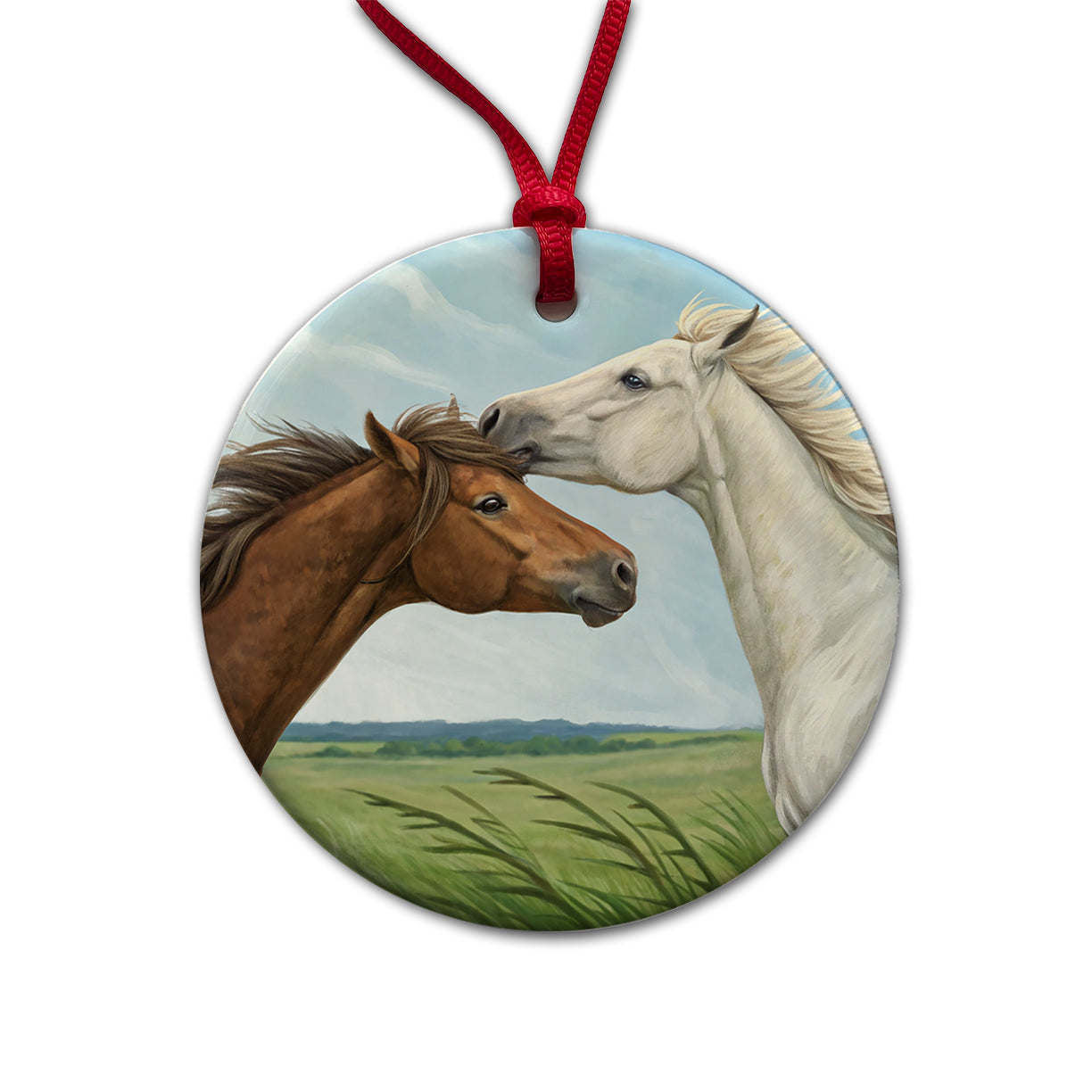 Brown White Horses Love Round Ceramic Holiday Christmas Tree Ornament