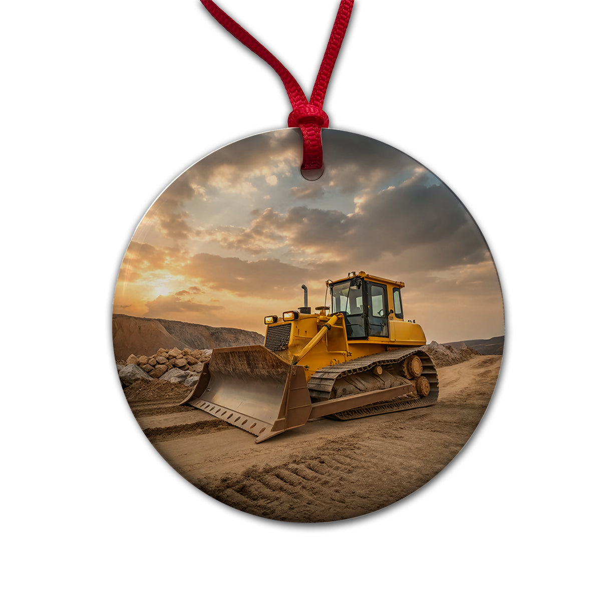 Bulldozer In Dirt Round Ceramic Holiday Christmas Tree Ornament