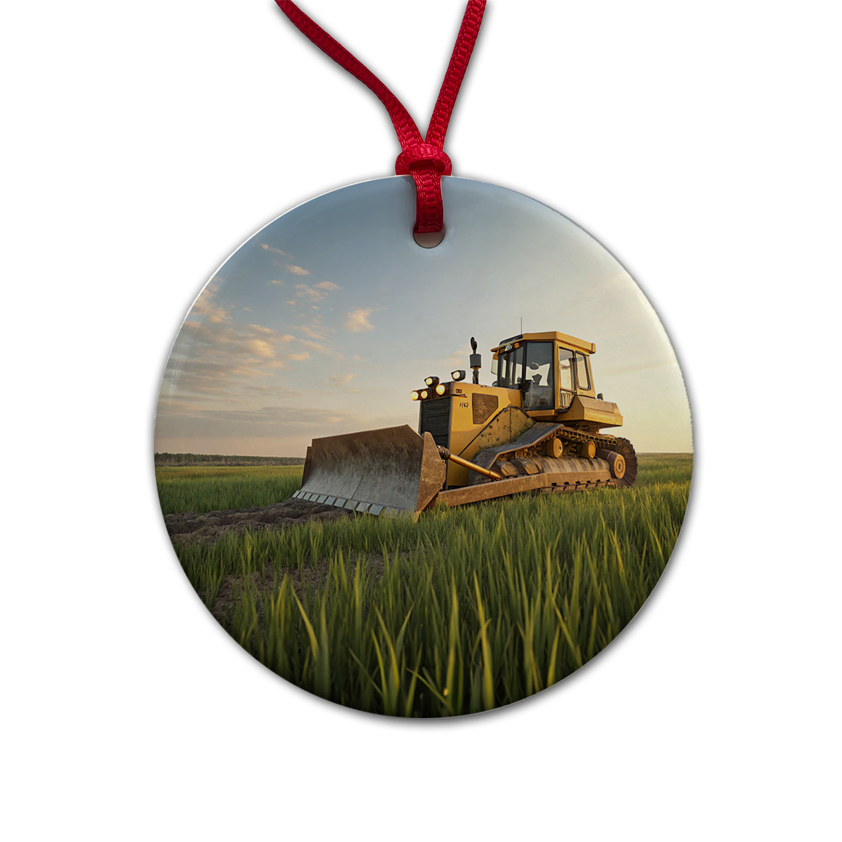 Bulldozer In Grass Field Round Ceramic Holiday Christmas Tree Ornament