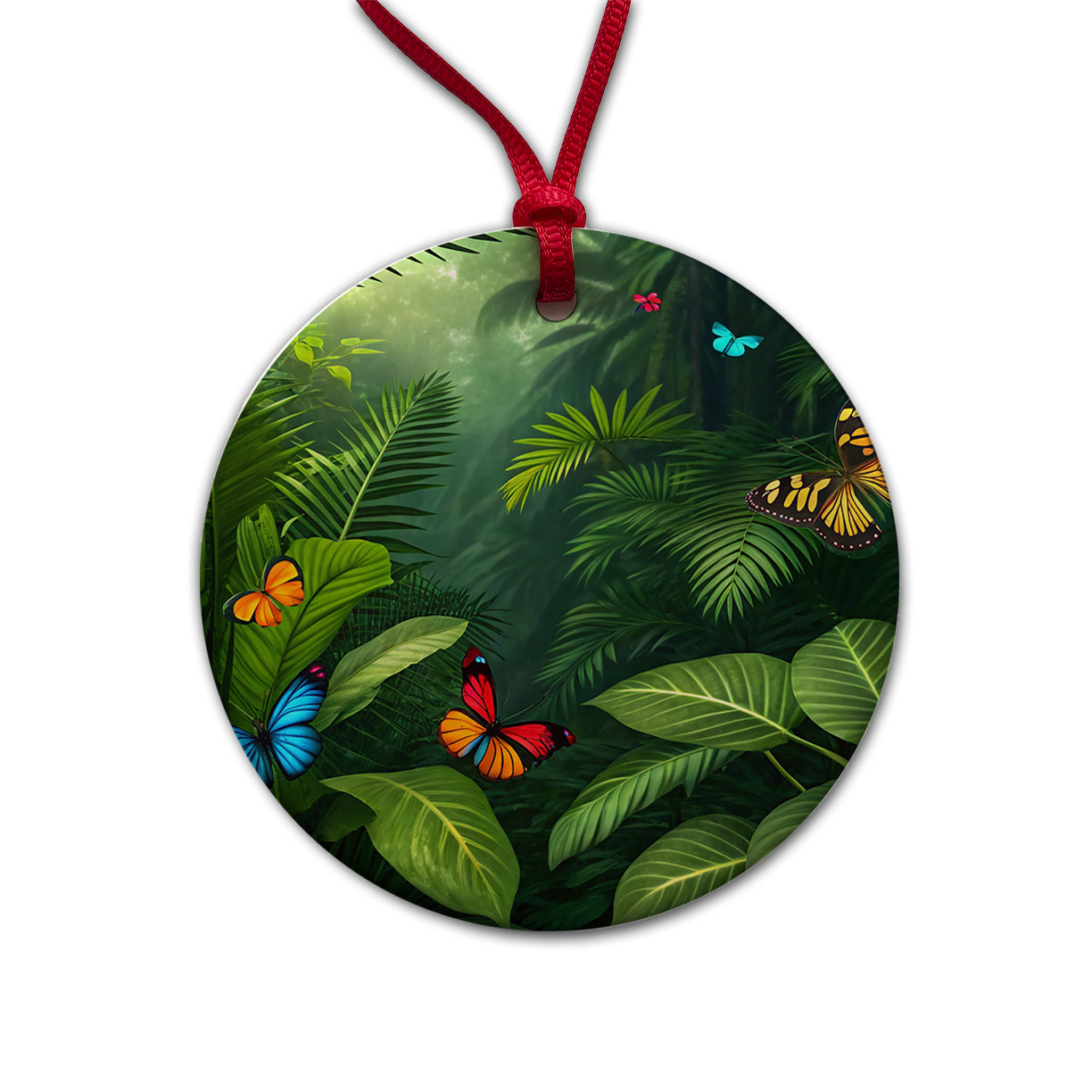 Butterflies In Jungle Colorful Round Ceramic Holiday Christmas Tree Ornament