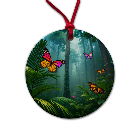 Butterflies In Jungle Forest Round Ceramic Holiday Christmas Tree Ornament