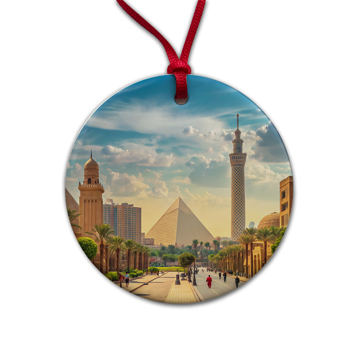 Cairo Egypt Pyramid Street Round Ceramic Holiday Christmas Tree Ornament