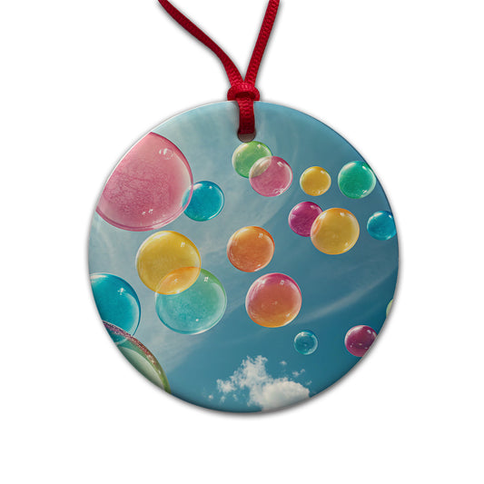Candy Color Bubbles Blue Sky Round Ceramic Holiday Christmas Tree Ornament