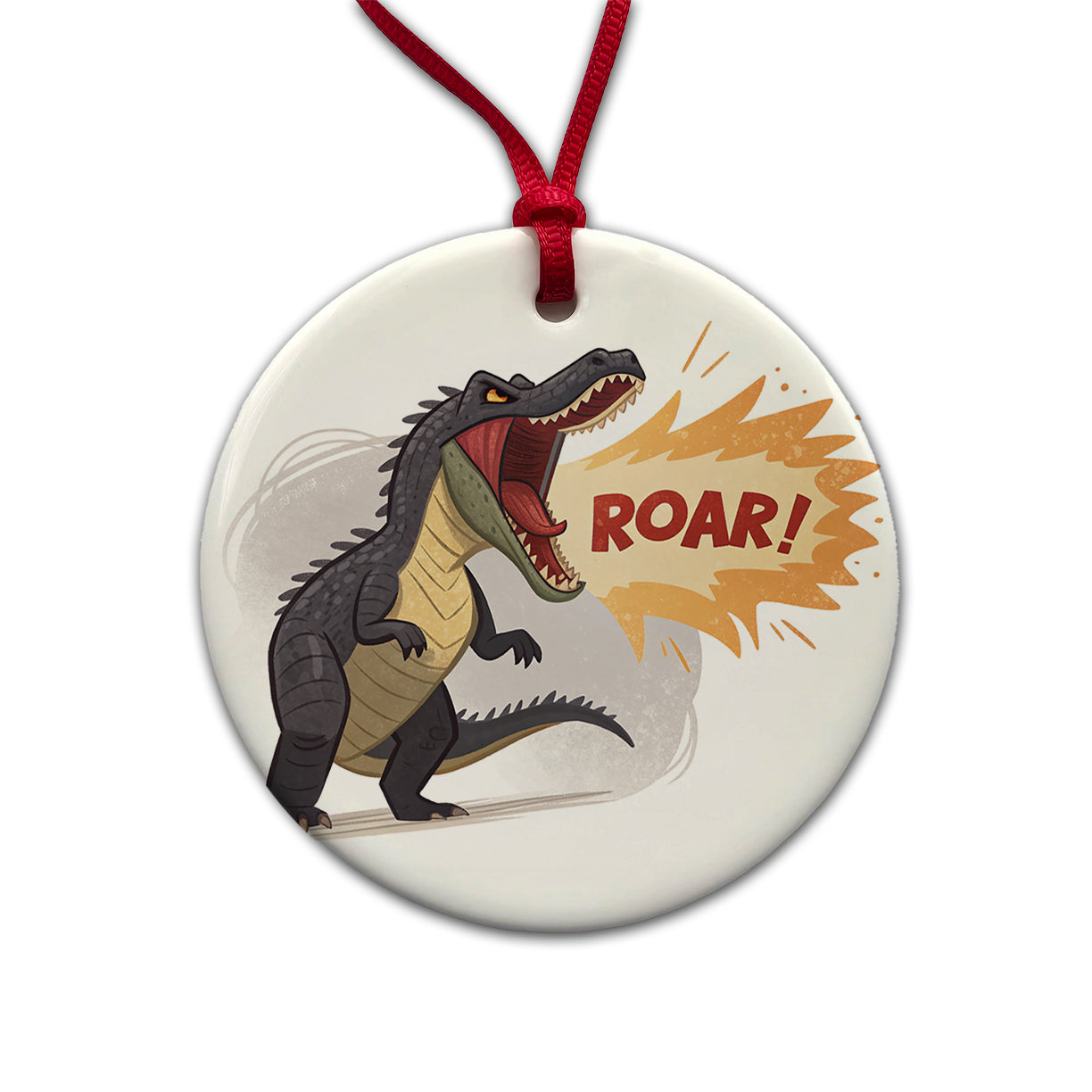 Carnotaurus Roar Bold Text Dinosaur Round Ceramic Holiday Christmas Tree Ornament