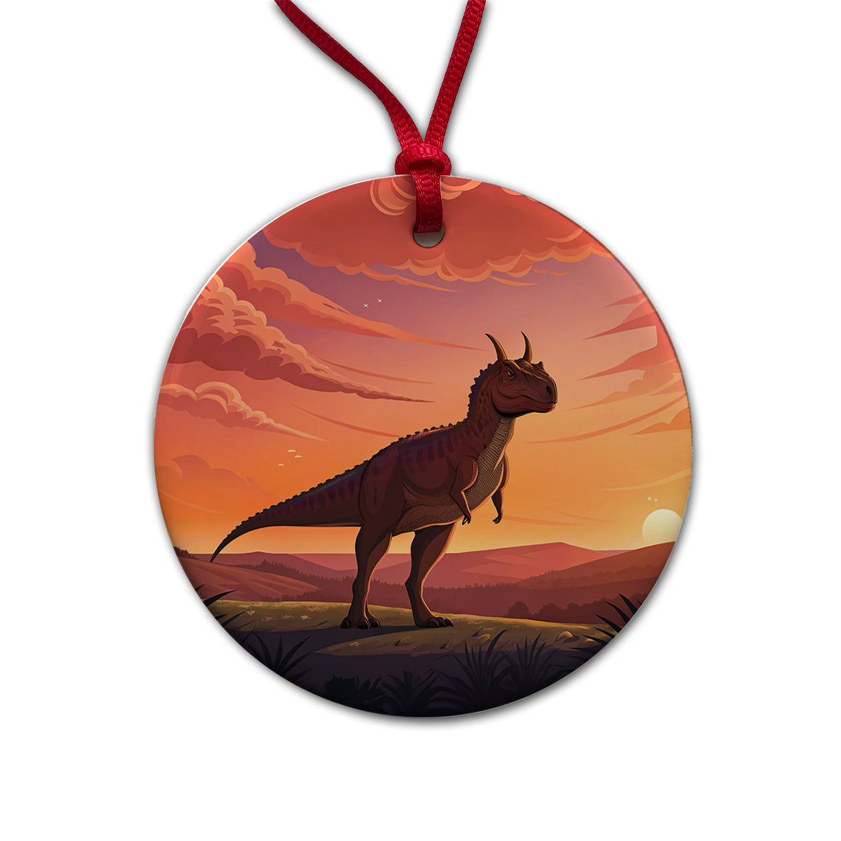 Carnotaurus Sunset Standing Dinosaur Round Ceramic Holiday Christmas Tree Ornament