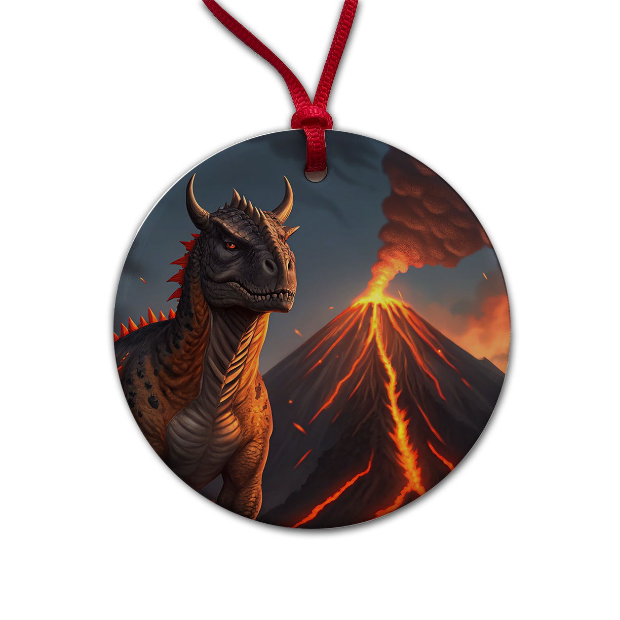 Carnotaurus Volcano Dinosaur Round Ceramic Holiday Christmas Tree Ornament