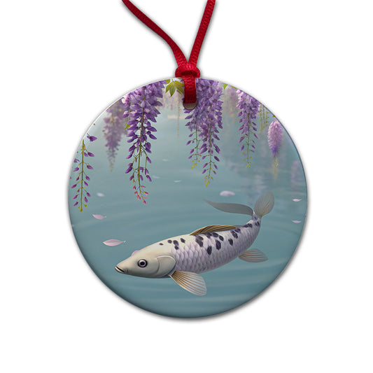 Carp Wisteria Flowers Fish Pond Round Ceramic Holiday Christmas Tree Ornament