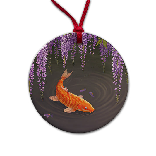 Carp With Wisteria Flowers Pond Round Ceramic Holiday Christmas Tree Ornament
