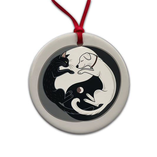 Cat Dog Black White Swirling Yin Yang Round Ceramic Holiday Christmas Tree Ornament